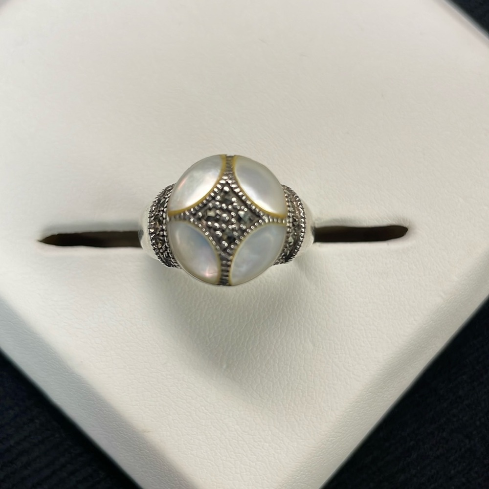 Vintage Estate Marcasite and Opal Sterling Silver ring size 9.5